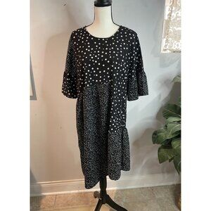 CAARA Millazo Black Polka Dot Asymmetrical Shift Crew Neck Dress Size Large